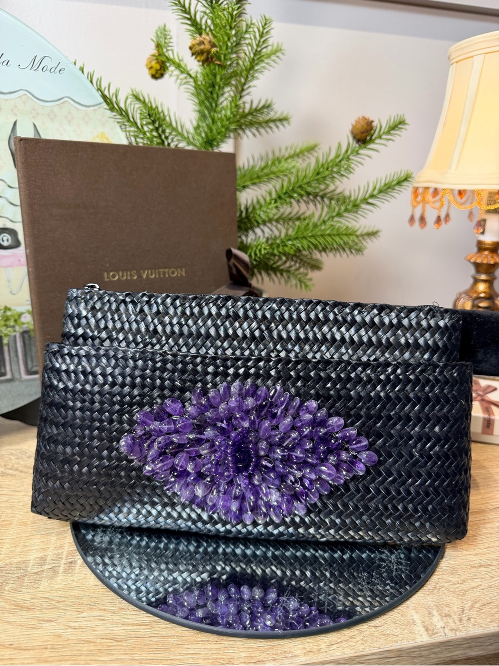 Y2K Black Woven Clutch Purple natural Amethyst Cluster embellishment bags 10”